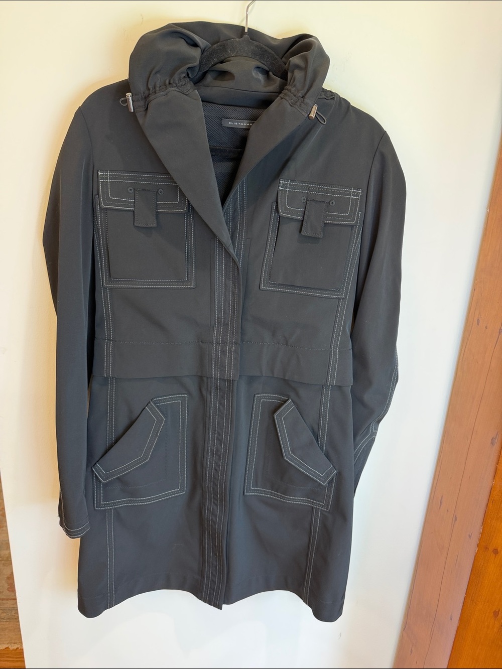 Elie Tahari 2 in 1 Zipaway Black Utility Coat with Contrast Stitching
